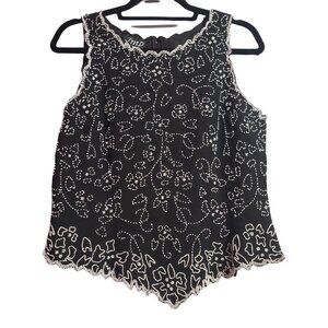 JMD Black with white beads floral tank top womans large